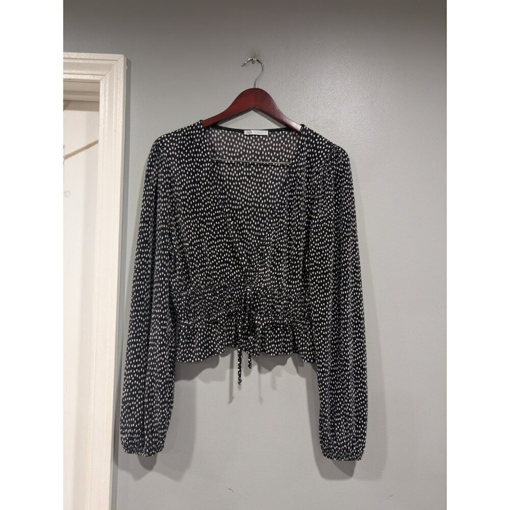 ZARA Top Womens Sz L Black White Pleated Long Sleeve Polka Dot Blouse Tie Crop